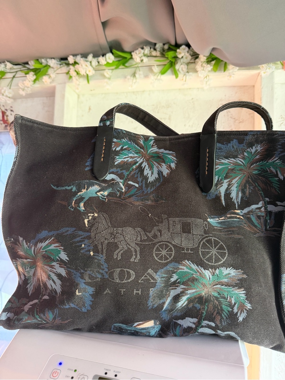 Coach black Coach Horse and Carriage Tropical Palm Canvas Tote Bag